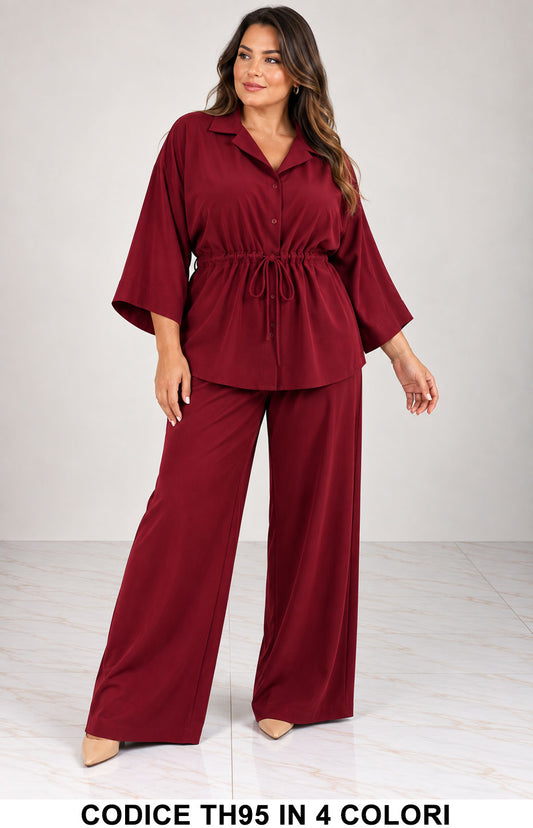 Completo Curvy Camicia con Coulisse e Pantalone Palazzo Coordinato Taglie Forti Elegante in 4 Colori – TH95