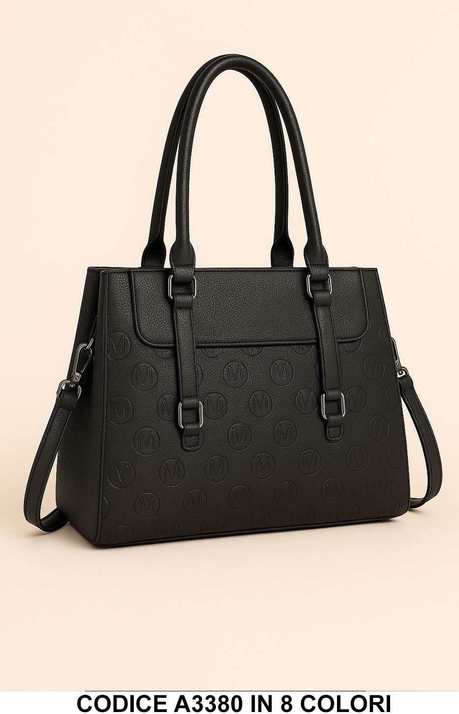 Borsa shopper in ecopelle con stampa logo, capiente ed elegante a mano e tracolla in 8 colori – A3380