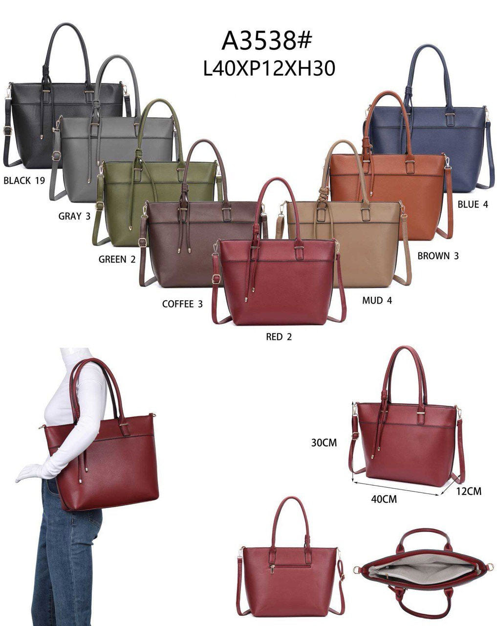 secondo teBorsa shopper a spalla in ecopelle effetto pelle con manici lunghi e tracolla regolabile in 8 colori – A3538