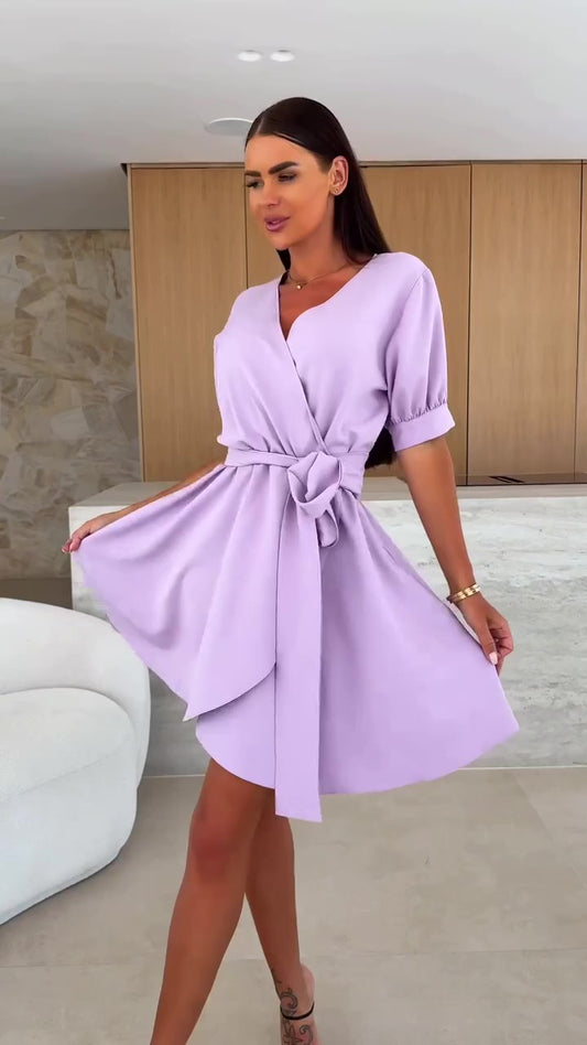 Abito Corto Elegante con Cintura Mezza Manica Scollo V Vestito Casual Evento Serata in 8 Colori - 7586 - Abbigliamento donna elegante su I Love Dress