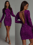 Abito Corto Interamente In Paillettes Sensuale Spalla Scoperta Vestito Casual Serata Da Sera in Viola - 5769Out