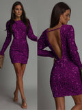 Abito Corto Interamente In Paillettes Sensuale Spalla Scoperta Vestito Casual Serata Da Sera in Viola - 5769Out