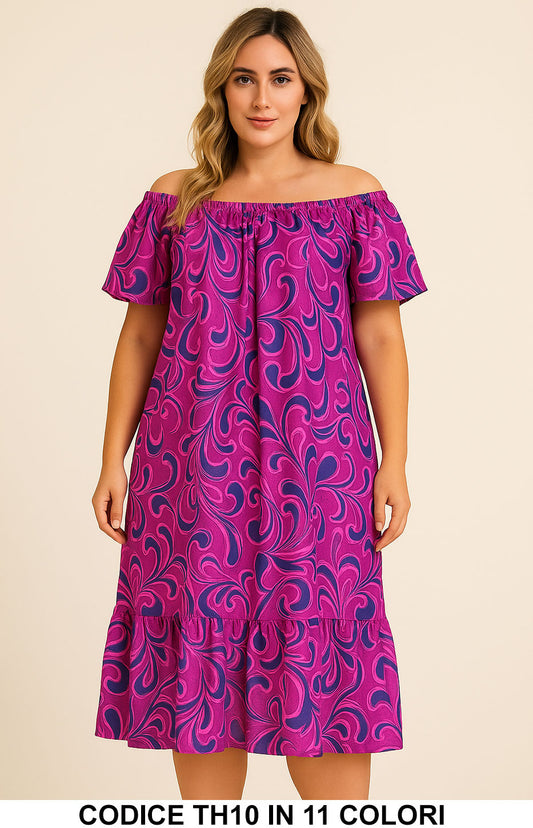 Abito Curvy Fantasia a Spalla Scoperta Vestito Colorato Arabesco Taglie Forti in 11 Colori – TH10 - Abbigliamento donna elegante su I Love Dress
