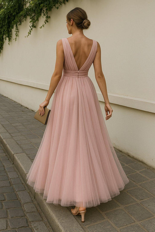 Abito Elegante Lungo Cerimonia Velo Fascia in Vita Scollo a V Vestito Smanicato Evento in 14 Colori - 4098 - Abbigliamento donna elegante su I Love Dress