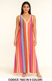 Abito Lungo Colorato Multicolore con Bretelle Vestito Trama Zig Zag Elegante Casual in 9 Colori - 7663