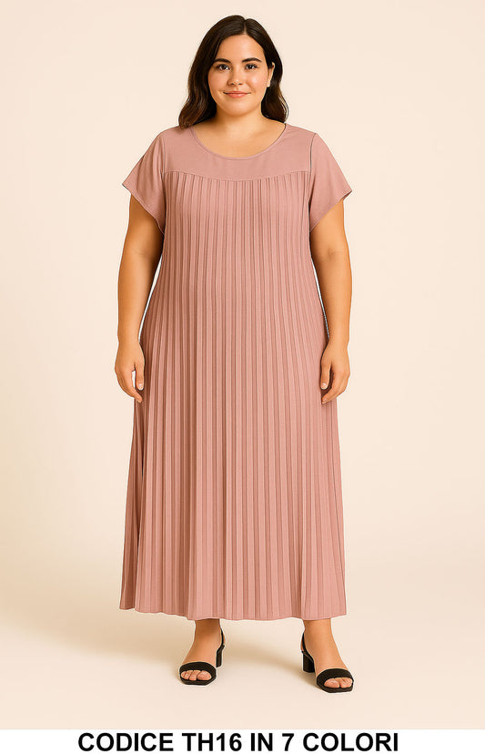 Abito Lungo Curvy Plissé con Manica Corta Vestito Elegante Taglie Forti in 7 Colori – TH16 - Abbigliamento donna elegante su I Love Dress