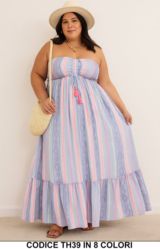 Abito lungo curvy senza spalline fantasia etnica multicolore Vestito taglie Forti con Balza in 8 Colori – TH39 - Abbigliamento donna elegante su I Love Dress
