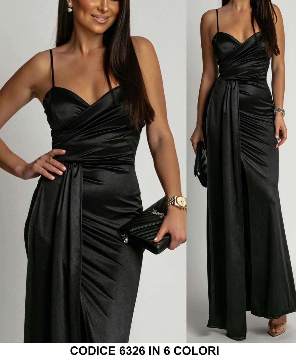 Abito Lungo da Cerimonia con Drappeggio Spacco Laterale Vestito Elegante Effetto Rasato Chic in 4 Colori - 6326