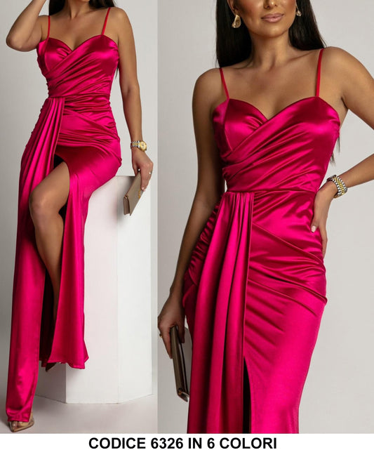 Abito Lungo da Cerimonia con Drappeggio Spacco Laterale Vestito Elegante Effetto Rasato Chic in 5 Colori - 6326 - Abbigliamento donna elegante su I Love Dress