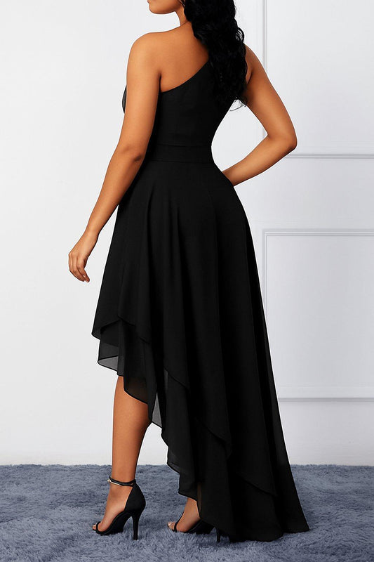 Abito Lungo da Cerimonia nero monospalla con fascia argento Vestito Midi Eventi Elegante - 1535 - Abbigliamento donna elegante su I Love Dress