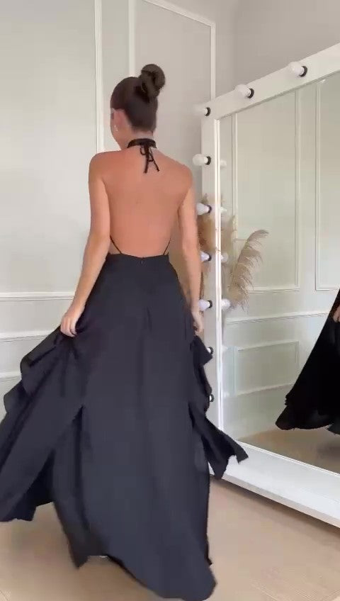 Abito Lungo Elegante Asimmetrico Allacciato al Collo Schiena Scoperta Vestito Evento in Nero - 7379Out - Abbigliamento donna elegante su I Love Dress