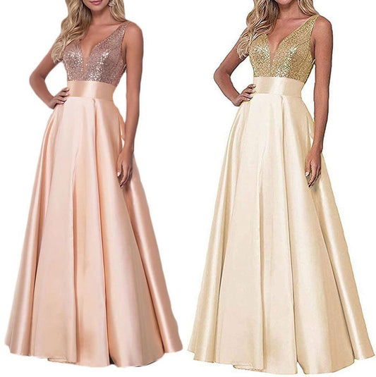 Abito Lungo Elegante Cerimonia Corpetto in Paillettes Gonna Ampia Vestito Evento in 7 Colori - 5411 - Abbigliamento donna elegante su I Love Dress