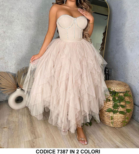 Abito Lungo Elegante da Cerimonia Corpetto contorno in Strass Gonna Multivelo Vestito Evento in 2 Colori - 7387 - Abbigliamento donna elegante su I Love Dress
