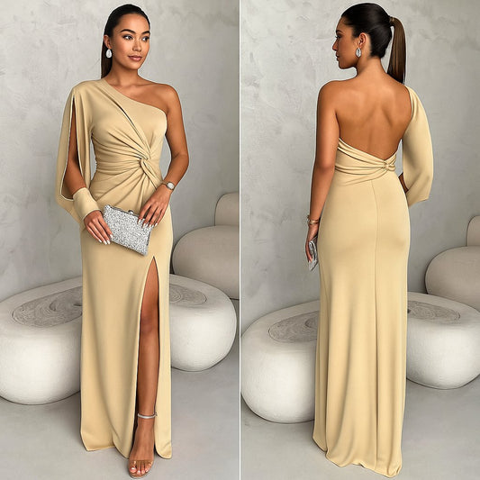 Abito Lungo Elegante da Cerimonia Monospalla Manica Aperta Spacco Laterale Vestito Serata in 14 Colori - 7229 - Abbigliamento donna elegante su I Love Dress