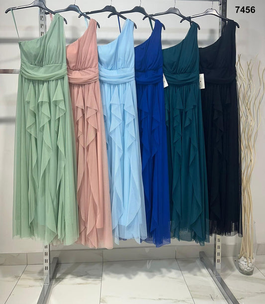 Abito Lungo Elegante da Cerimonia Monospalla Stile Impero Vestito Multivelo per Eventi in 6 Colori - 7456 - Abbigliamento donna elegante su I Love Dress