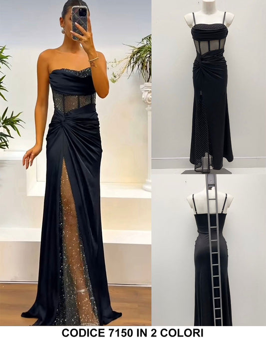 Abito Lungo Elegante da Cerimonia Nero Particolari Trasparenti Glitterati Vestito Serata Fashion Chic - 7150 - Abbigliamento donna elegante su I Love Dress