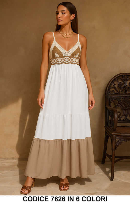 Abito lungo estivo con top crochet e gonna a balze Elegante Vestito Evento Serata in 6 Colori – 7626 - Abbigliamento donna elegante su I Love Dress