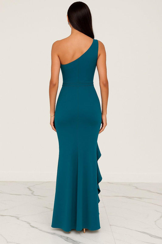 Abito Lungo Monospalla da Cerimonia Elegante Spacco con Rouche Vestito Chic in 5 Colori - 4397 - Abbigliamento donna elegante su I Love Dress