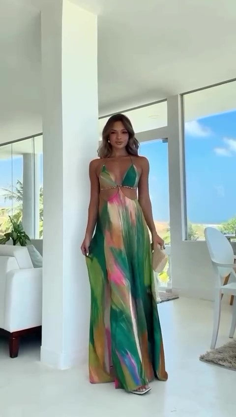 Abito Lungo Multicolore con Bretelle Effetto Spennellature Vestito Casual Elegante Cut Out in 4 Colori - 7470 - Abbigliamento donna elegante su I Love Dress