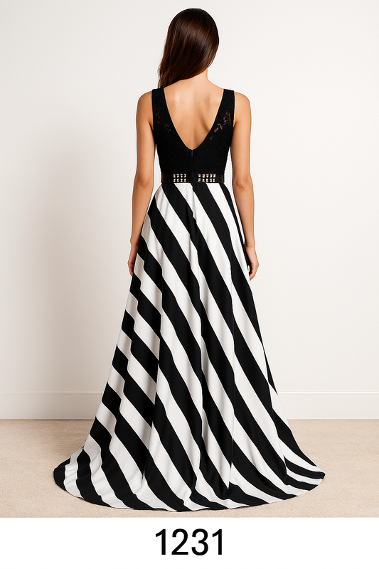 Abito Lungo Strisce nero e bianco Vestito Elegante Cerimonia con Corpetto Merlettato Serata Evento - 1231 - Abbigliamento donna elegante su I Love Dress