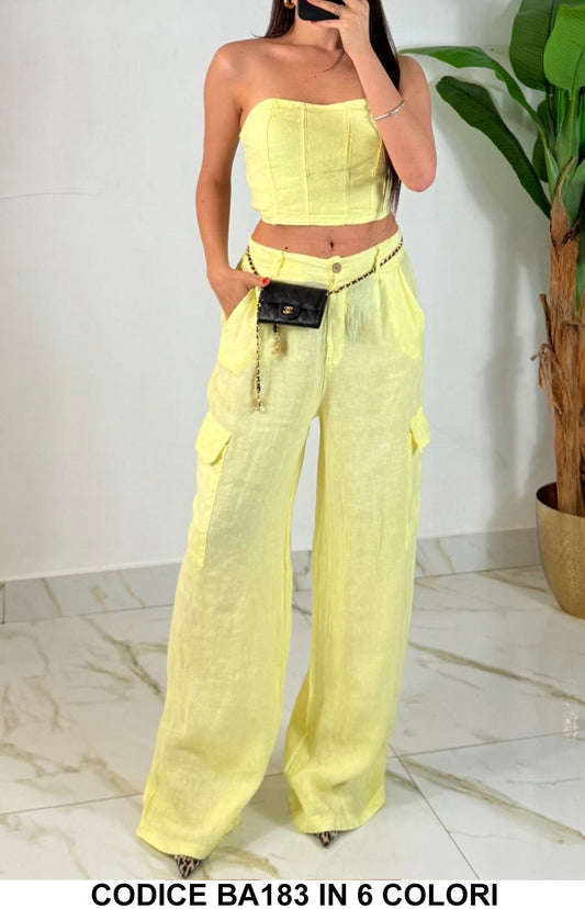 Completo Estate Corpetto Pantalone Cargo con Tasche Tessuto Lino Coordinato Casua in 6 Colori - BA183