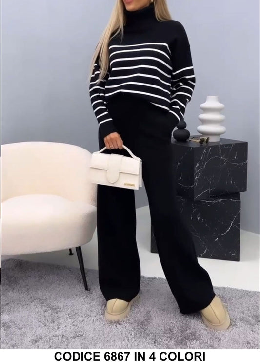 Completo Casual Maglia con Colletto Righe Orizzontali Pantalone Palazzo Morbido Coordinato Tuta in Blu Notte - 6867Out - Abbigliamento donna elegante su I Love Dress