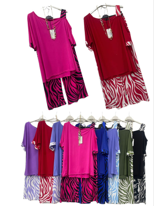 Completo curvy animalier con spalla scoperta e pantalone palazzo Coordinato Taglie comode in 8 Colori - TH03 - Abbigliamento donna elegante su I Love Dress