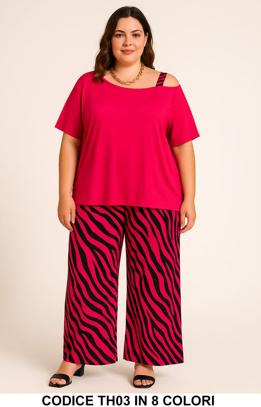 Completo curvy animalier con spalla scoperta e pantalone palazzo Coordinato Taglie comode in 8 Colori - TH03 - Abbigliamento donna elegante su I Love Dress