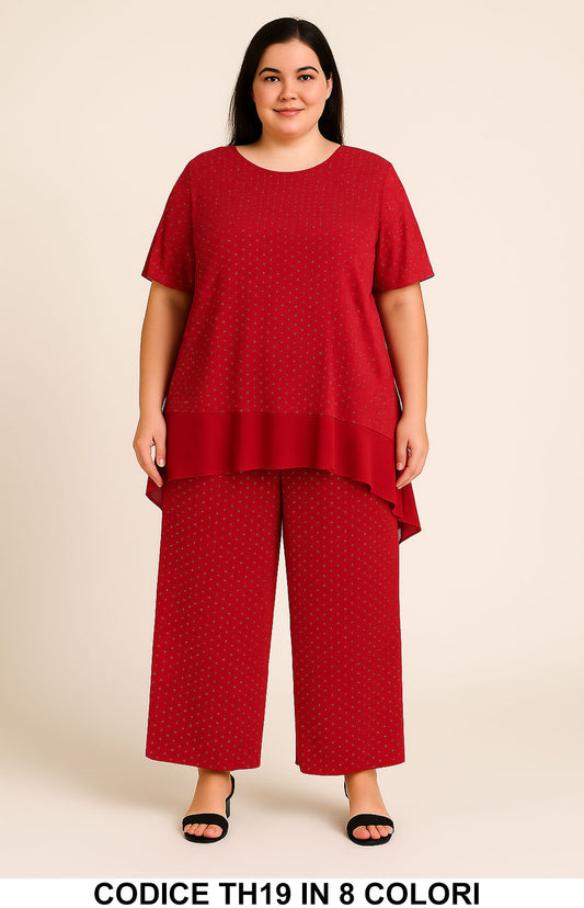 Completo Curvy Elegante Strass Maglia Voile Asimmetrica e Pantalone Coordinato Casual in 8 Colori – TH19 - Abbigliamento donna elegante su I Love Dress