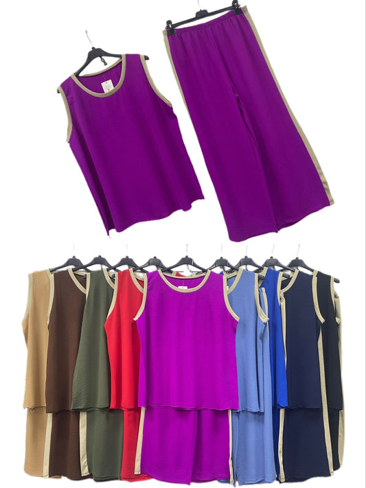 Completo Donna Curvy Canotta Pantalone a Gamba Larga con Bordino Coordinato Taglie Forti in 8 Colori - TH01 - Abbigliamento donna elegante su I Love Dress