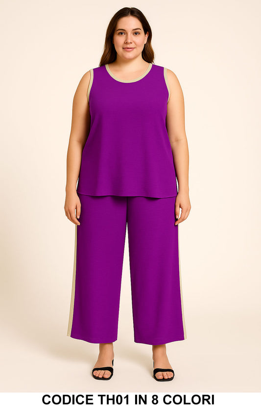 Completo Donna Curvy Canotta Pantalone a Gamba Larga con Bordino Coordinato Taglie Forti in 8 Colori - TH01 - Abbigliamento donna elegante su I Love Dress