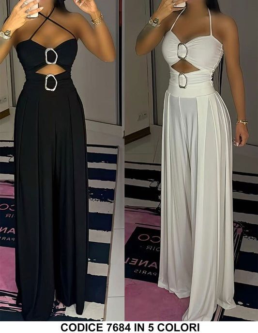 Completo Elegante Due Pezzi con Cut-Out Top con Anelli Pantaloni Palazzo Coordinato in Nero – 7684Out