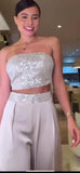 Completo Fashion Elegante Top in Paillettes Pantalone Zampa Coordinato Casual Elegante in Bianco - 7584Out
