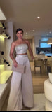 Completo Fashion Elegante Top in Paillettes Pantalone Zampa Coordinato Casual Elegante in Bianco - 7584Out