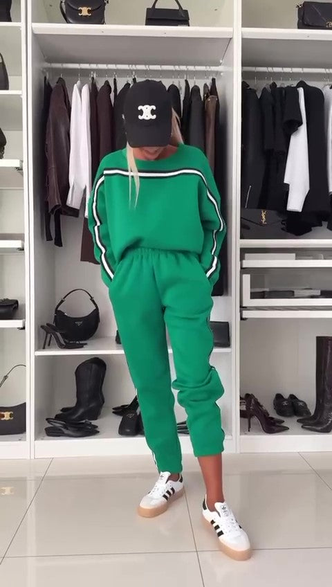 Completo Tuta Sportiva Righe Colorate Felpa Pantalone Elastico Coordinato Casual in Verde - 6896Out - Abbigliamento donna elegante su I Love Dress