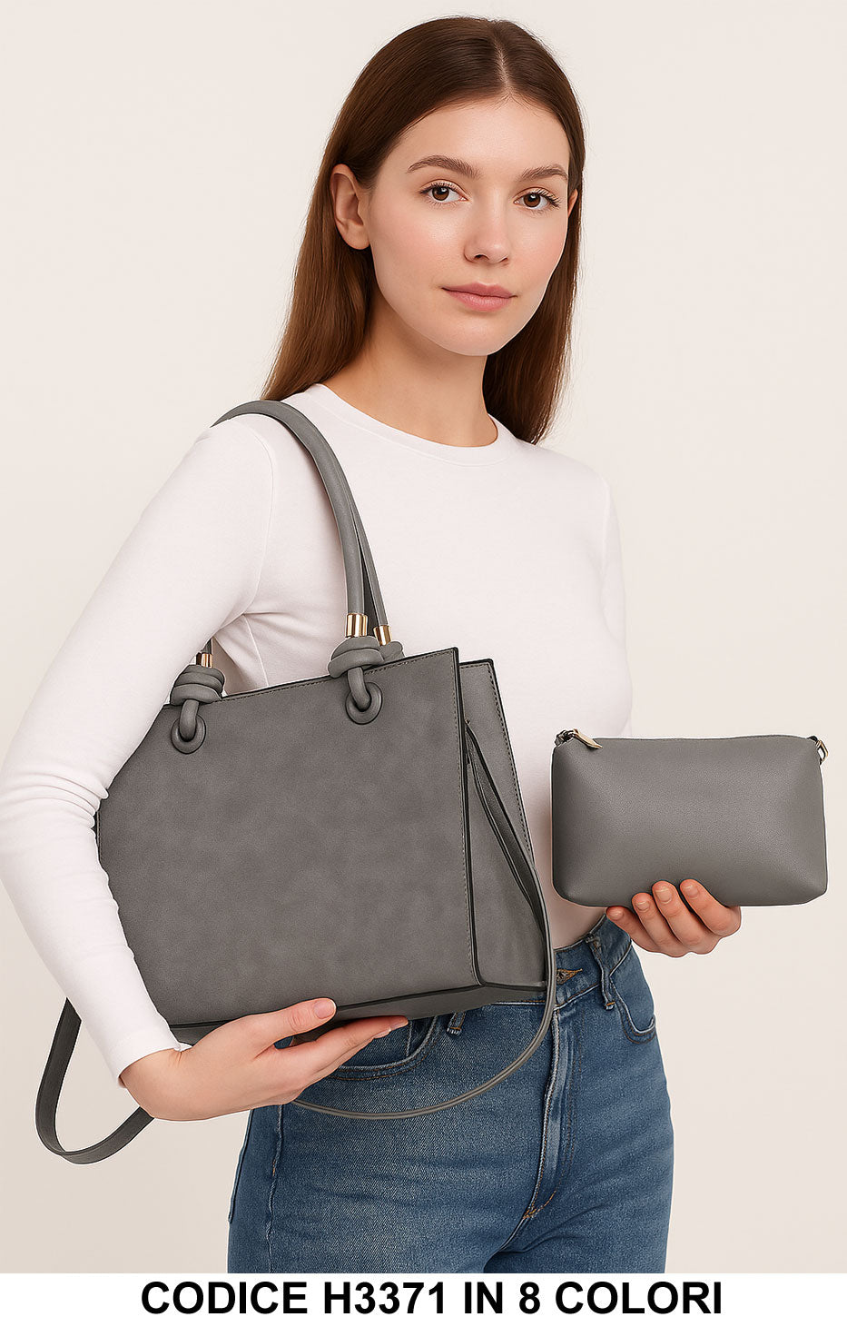 Borsa a mano rettangolare in ecopelle con manici annodati e pochette interna in 8 colori - H3371