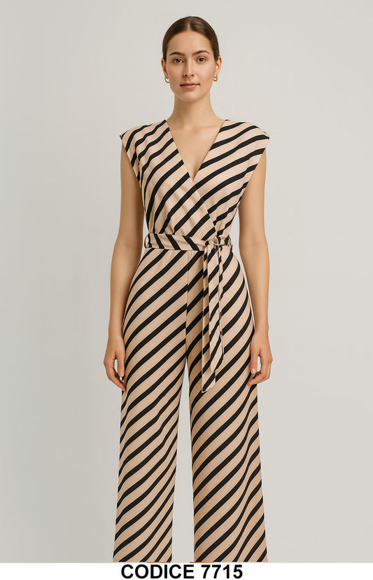Jumpsuit a Righe Nere su Base Beige – Tuta Lunga Intera Elegante con Cintura in Vita – 7715 - Abbigliamento donna elegante su I Love Dress