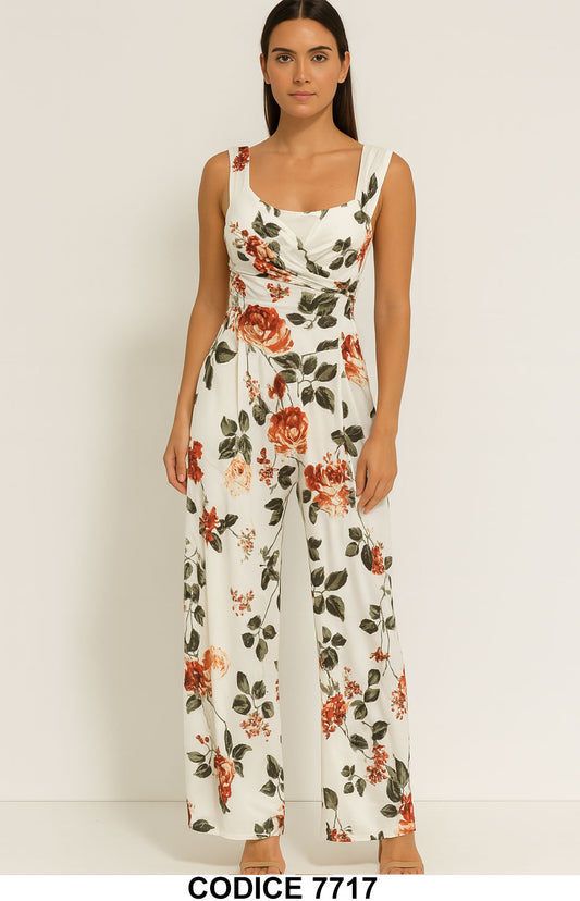 Jumpsuit Elegante con Stampa Rose e Foglie – Tuta Lunga Intera Floreale su Fondo Avorio – 7717 - Abbigliamento donna elegante su I Love Dress