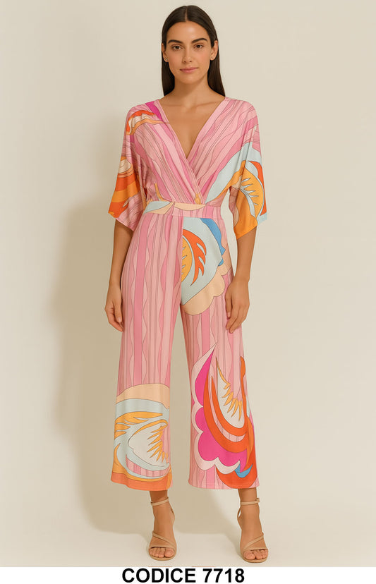 Jumpsuit Multicolor Stile Anni '70 – Tuta Estiva Intera a Gamba Cropped con Maniche Kimono – 7718 - Abbigliamento donna elegante su I Love Dress