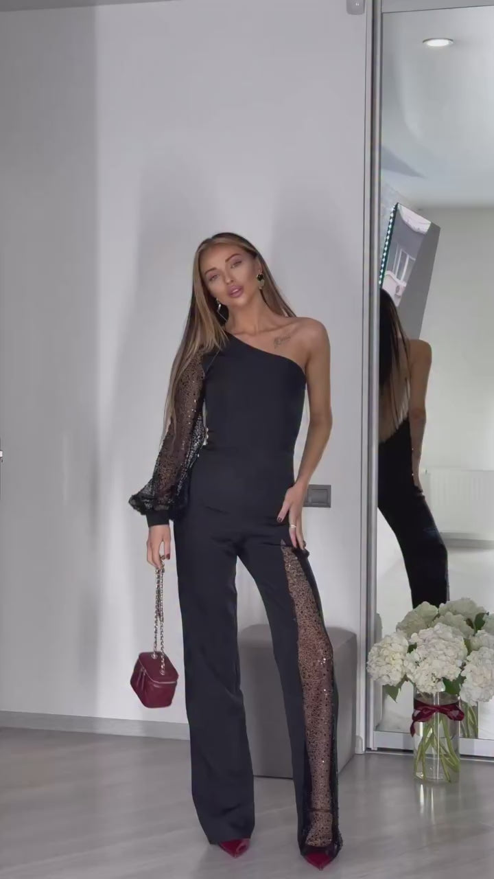Tuta elegante monospalla con manica in tulle glitter e pantalone palazzo Jumpsuit in 2 colori – 8100