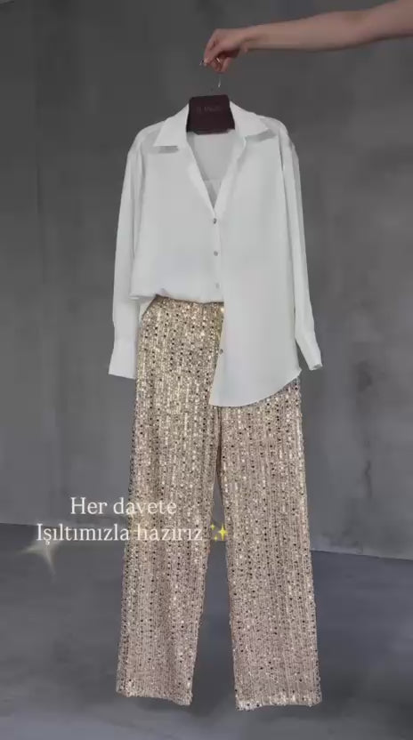 Completo elegante camicia bianca e pantaloni paillettes palazzo Coordinato Fashion in 5 colori – 8059