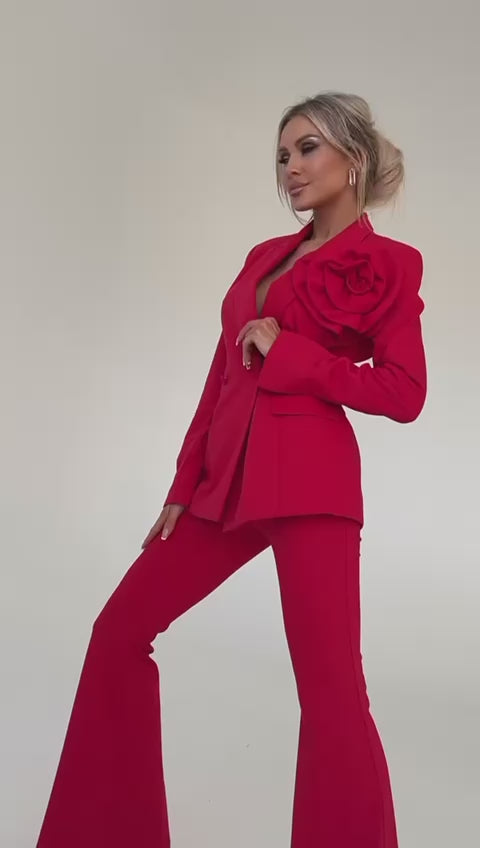 Tailleur Elegante GIacca Con Applicazione Rosa Pantaloni Zampa Completo Coordinato In Rosso - 6094Out