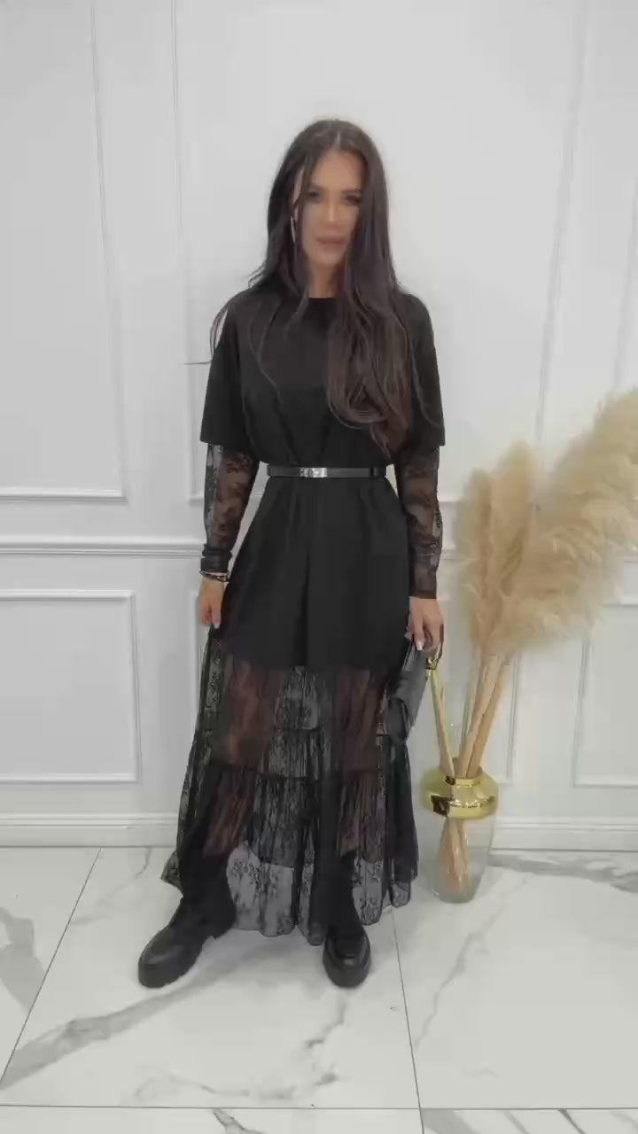 Abito lungo con inserti in pizzo e cintura Vestito Elegante Romantico in 2 colori – 8008