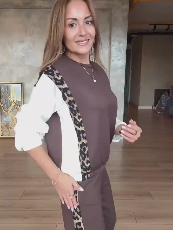 Completo felpa + pantalone con bande leopardate Tuta Donna in 3 colori – 8043