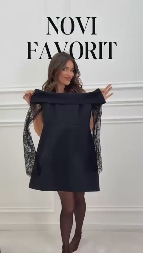 Vestito corto elegante con scollo bardot e maniche in pizzo Abito Eventi Cerimonia Nero – 8113