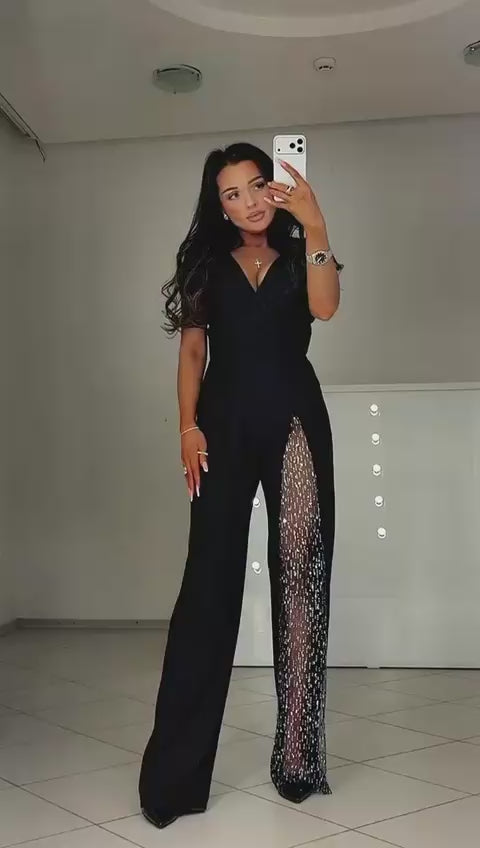 Tuta elegante con inserto laterale in rete brillante Jumpsuit Eventi Aperitivo in 2 colori – 8120