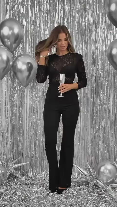 Tuta elegante nera con pizzo e cintura in vita – Abito cerimonia donna – 8004