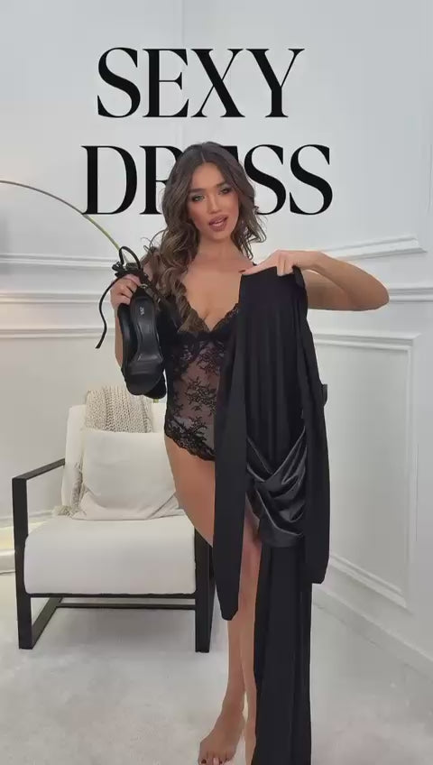 Abito midi elegante con corpino incrociato effetto pelle Vestito Nero per Evento – 8098