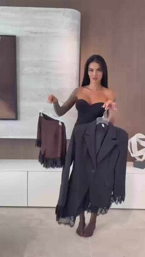 Completo giacca + shorts con dettagli in pizzo Tailleur Elegante Nero – 8067