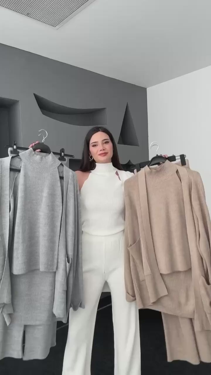 Completo maglia 3 pezzi con dolcevita, cardigan lungo e palazzo – 8013